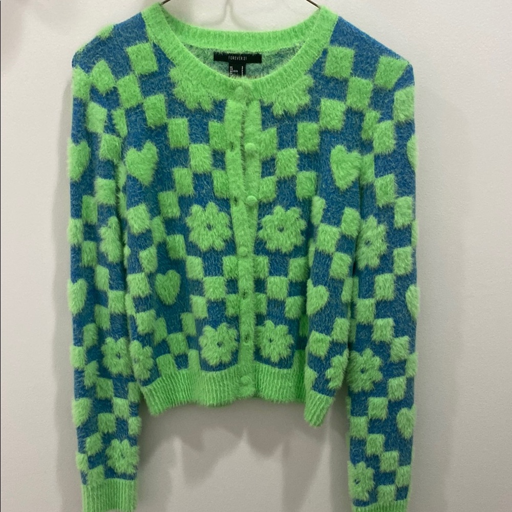 FOREVER 21. Women’s Small. Vibrant Green and Blue Cardigan. Super Cute! Soft.
